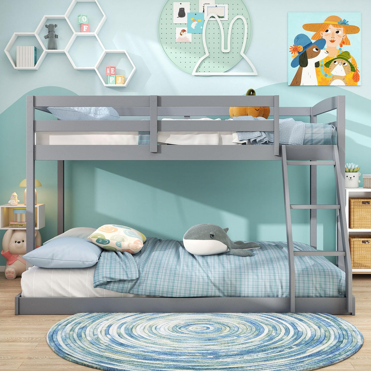 Goflame Twin Over Full Bunk Bed Solid Wood Kids Bunk Bed with Full-Length Guardrails & Ladder