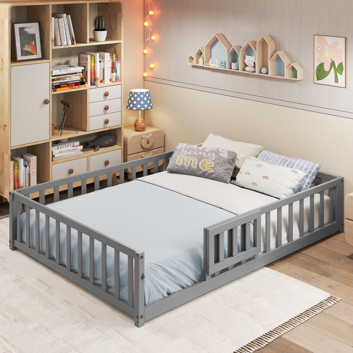 Goflame Full Size Floor Bed for Kids, Montessori Floor Bed with Wood Slats & Safety Guardrails