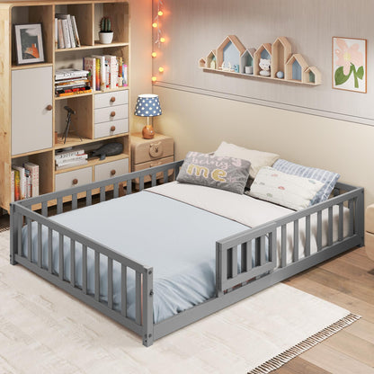 Goflame Full Size Floor Bed for Kids, Montessori Floor Bed with Wood Slats & Safety Guardrails