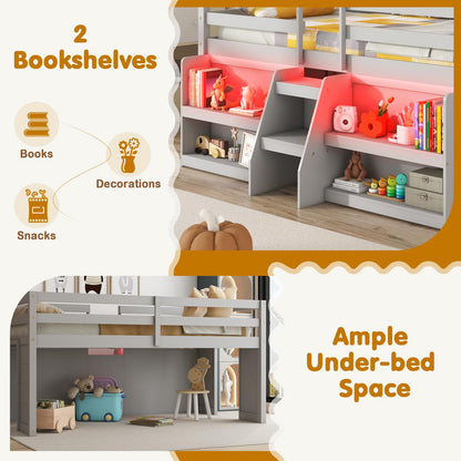 Goflame Low Loft Bed with LED Lights, Wooden Twin Loft Bed with Stairs & Safety Guardrail