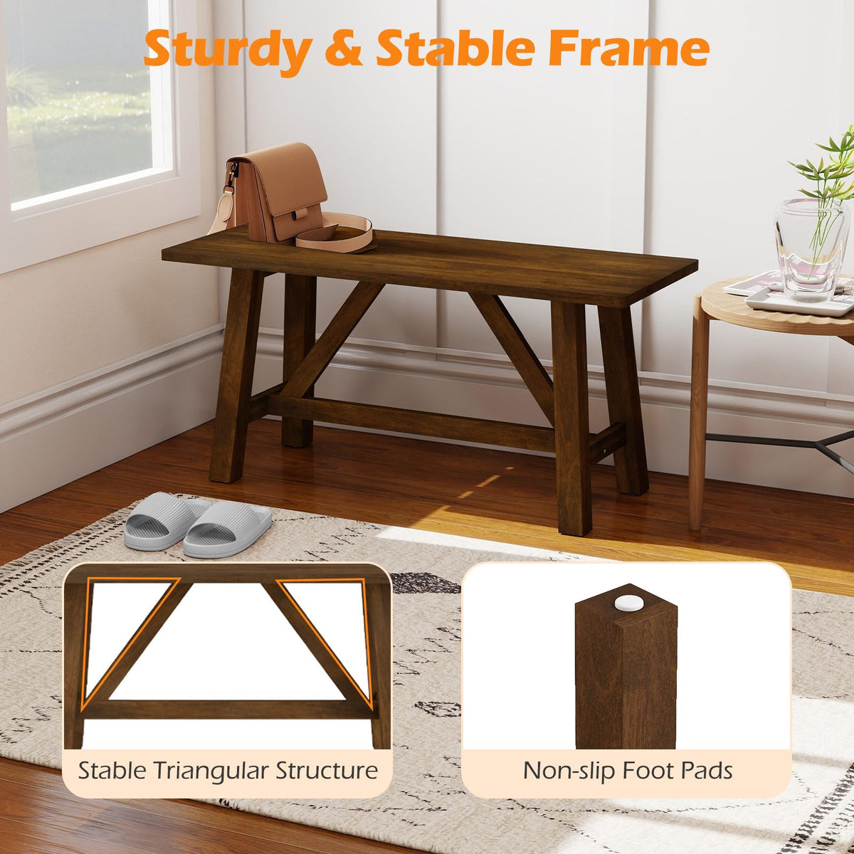 Goflame 38" Wooden Dining Bench Farmhouse Entryway Bench with Rubber Wood Frame