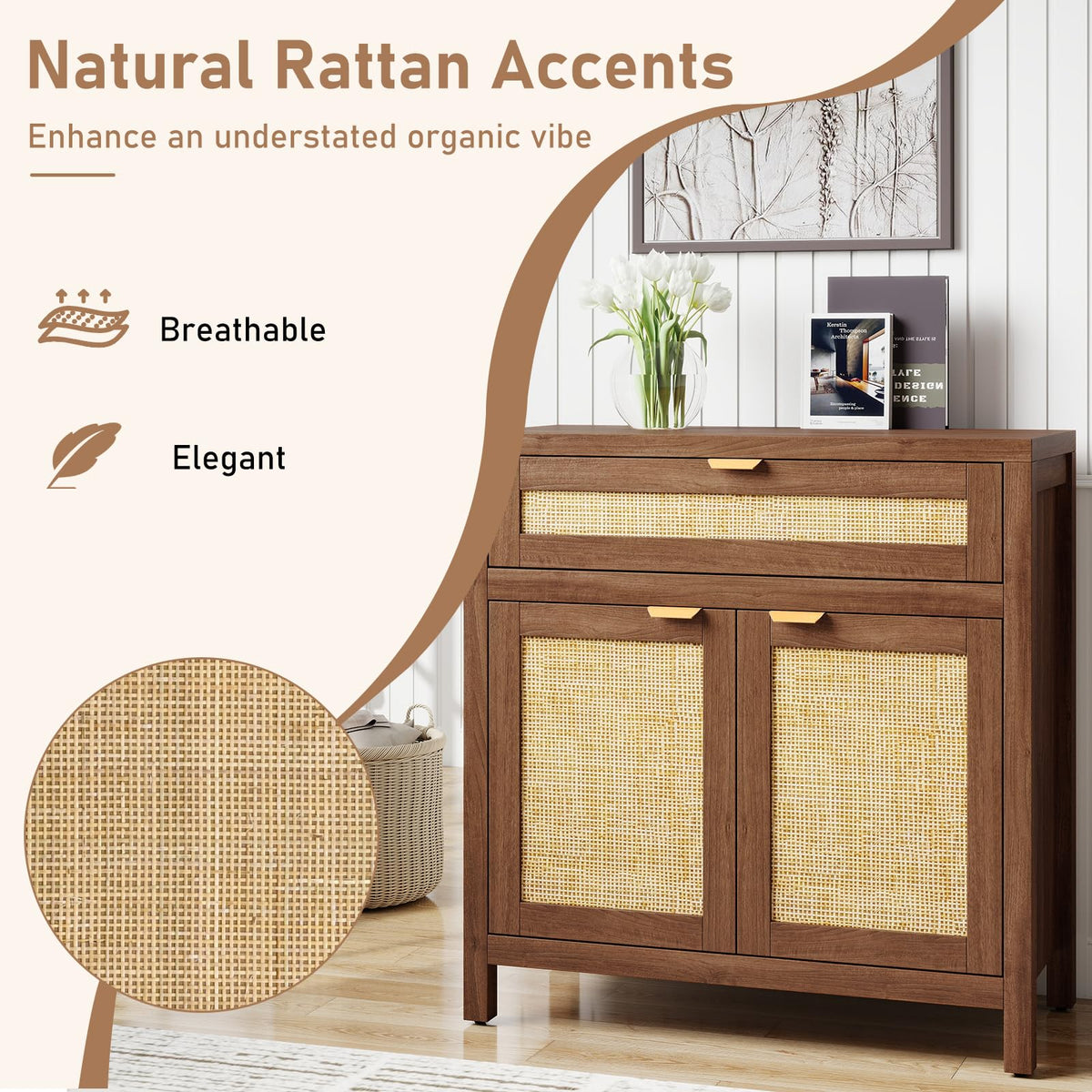 Goflame Sideboard Buffet Cabinet Rustic Rattan Storage Cabinet w/ 2 Doors