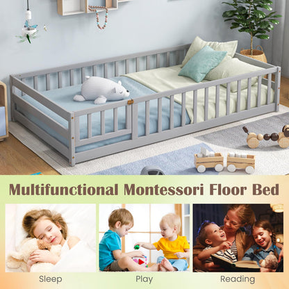 Goflame Twin Floor Bed with Door & Fence, Kids Wood Montessori Bed with Safety Guardrails