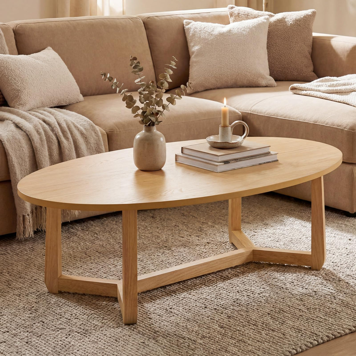 Goflame 46'' Oval Coffee Table hickened Top & Solid Rubber Wood Frame