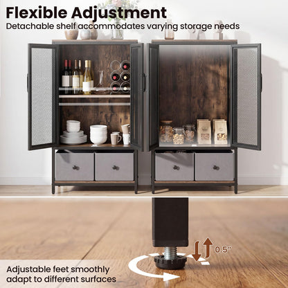 Goflame Industrial Coffee Bar Cabinet with Adjustable Shelves & 2 Removable Cloth Drawers