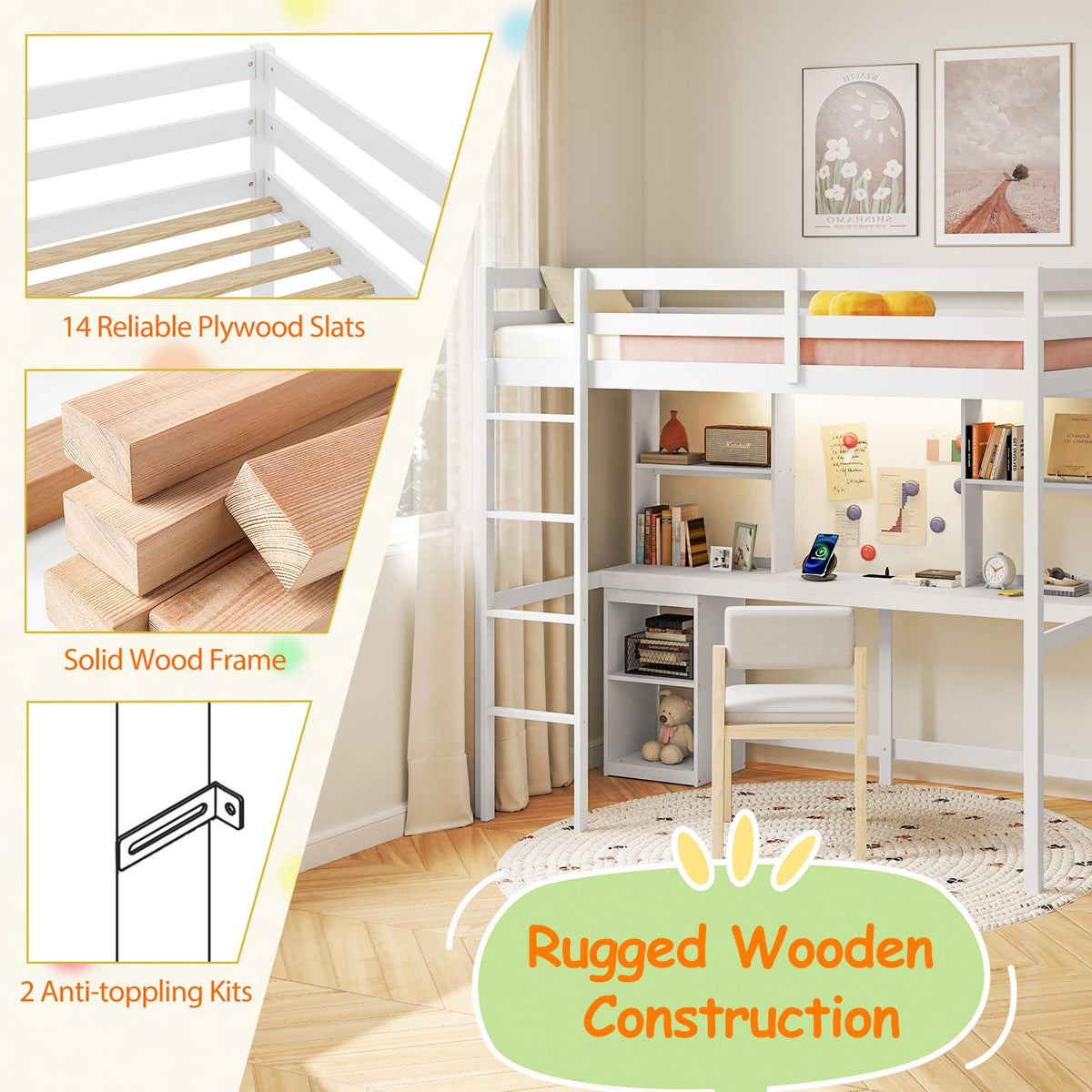 Goflame Twin Loft Bed with Desk and Hutch for Dorm Apartment