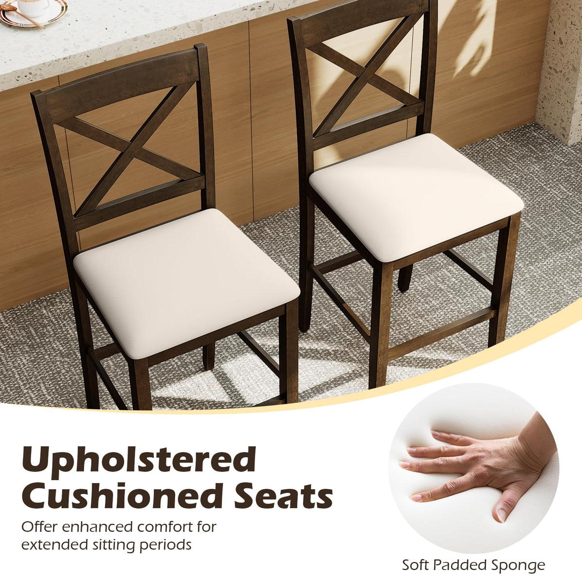 Goflame 24" Farmhouse Bar Stools | Cross Back Counter Height Chairs with Padded Linen Upholstered Seat (2/4)