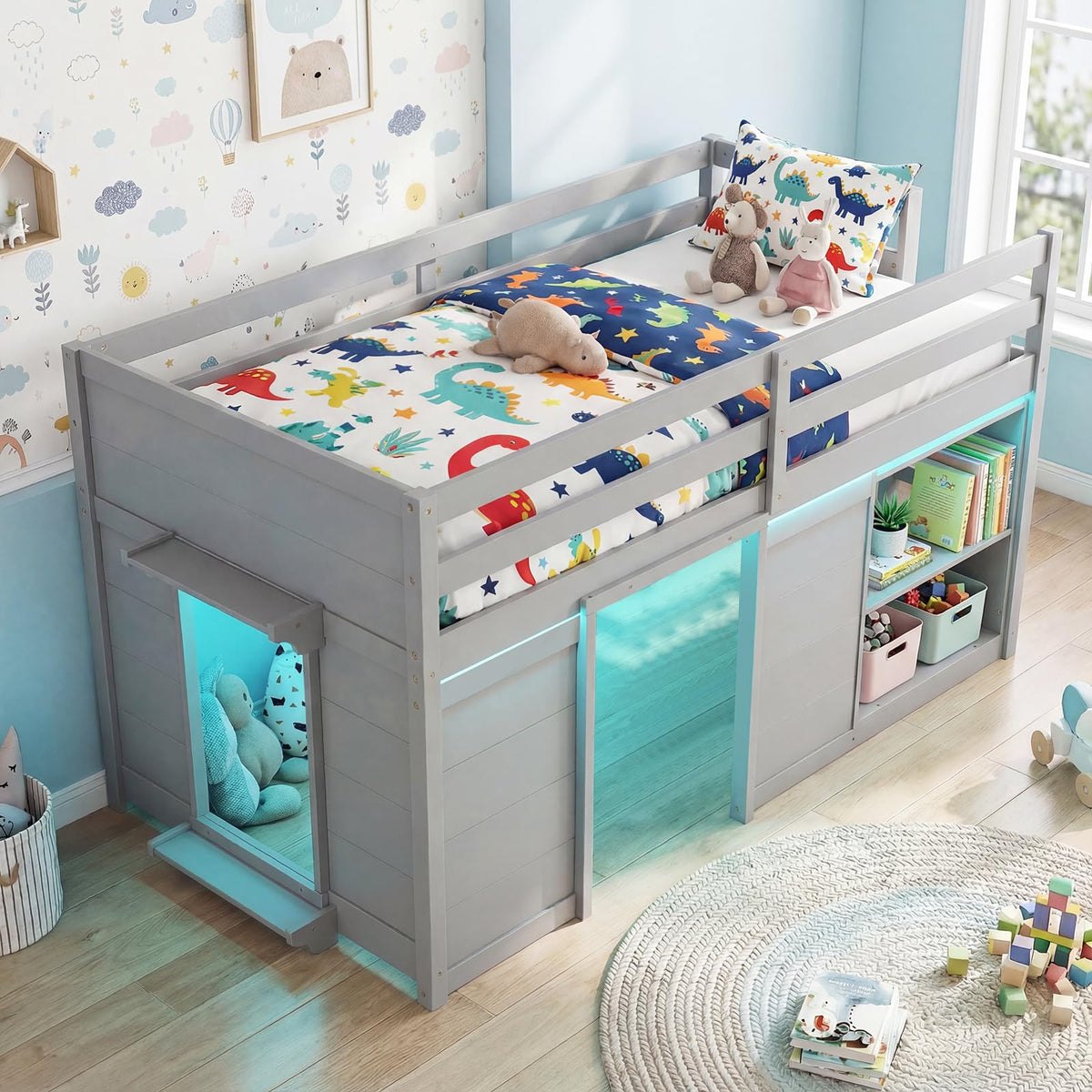 Goflame Wooden Low Kids Loft Bed with LED Lights and 2 Doors