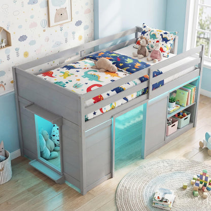 Goflame Wooden Low Kids Loft Bed with LED Lights and 2 Doors