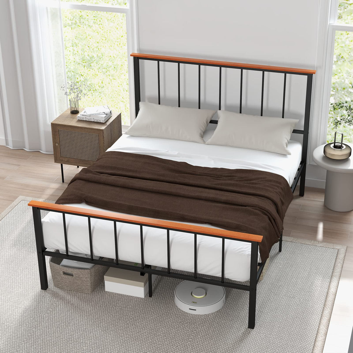 Goflame Queen/Full Size Metal Platform Bed Frame with Spindle Headboard & Footboard, Black