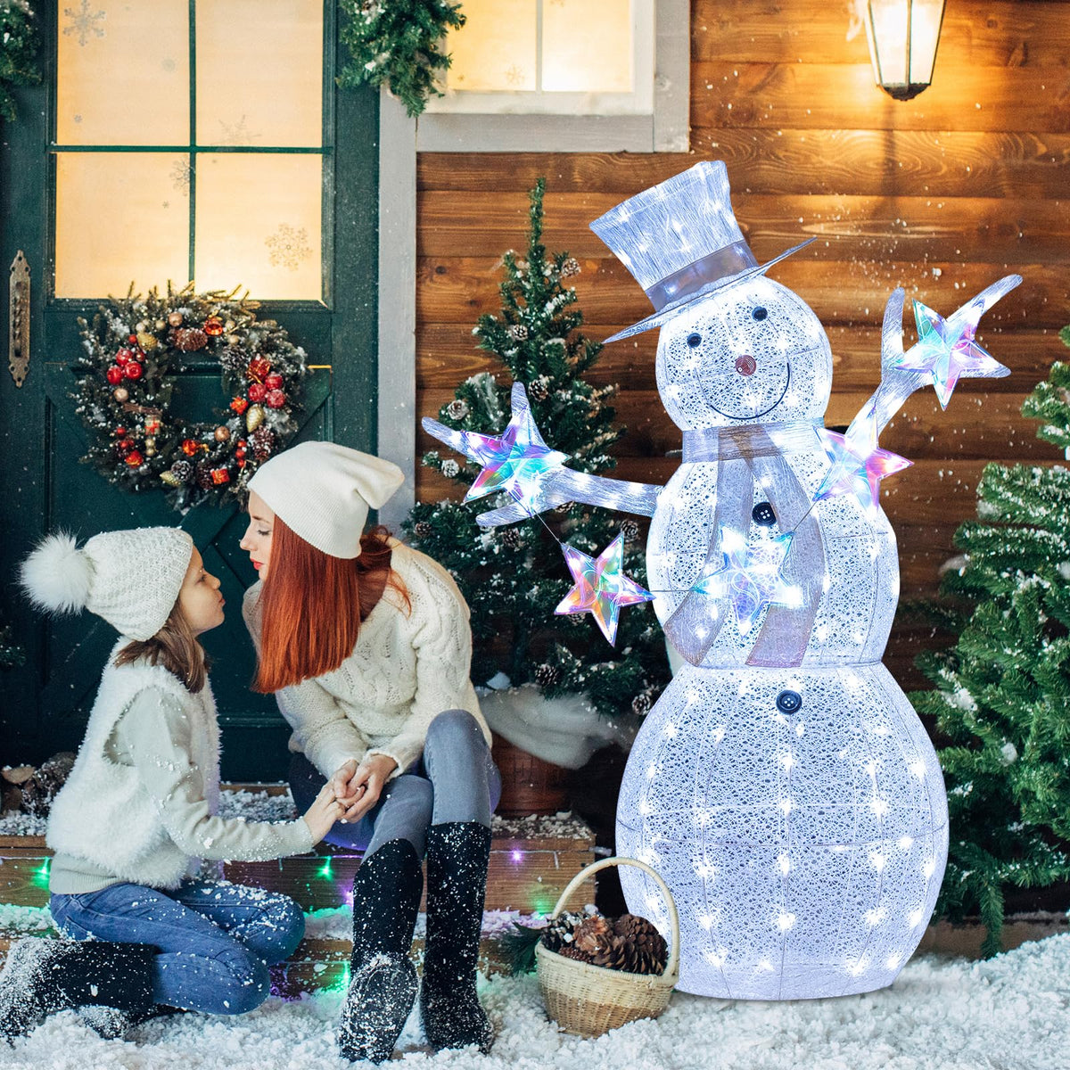 Goflame 5 FT Lighted Snowman Christmas Outdoor Decoration with Hat, Scarf & Stars