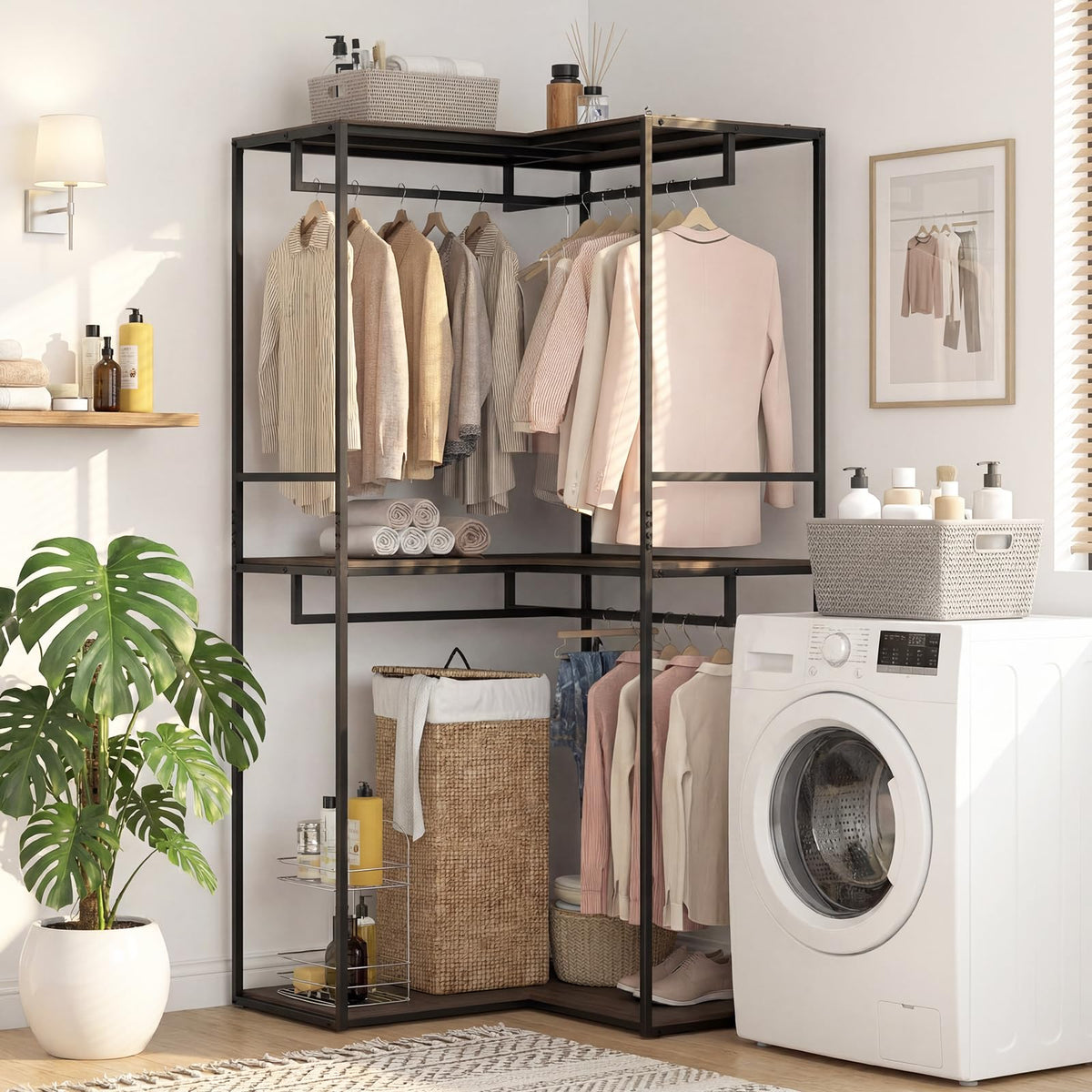 Goflame Heavy Duty Clothes Rack | 3-Tier L-Shaped Garment Rack w/3 Open Shelves & 2 Hanging Racks