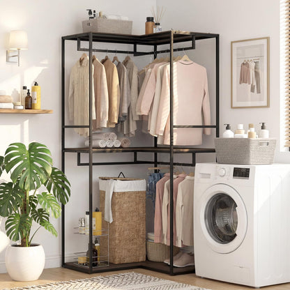 Goflame Heavy Duty Clothes Rack | 3-Tier L-Shaped Garment Rack w/3 Open Shelves & 2 Hanging Racks
