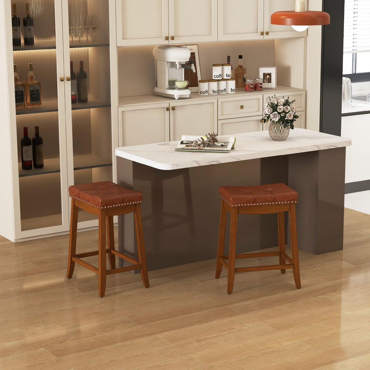 Goflame Bar Stools Set, 25" Counter Height Bar Stools w/Saddle Seat, Footrest, Rivet, Button Tufted, Rubber Wood Frame