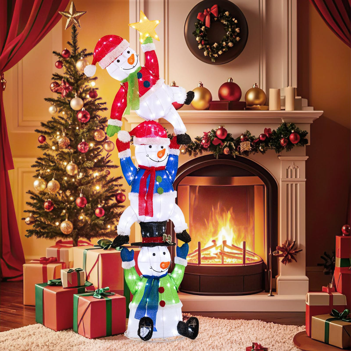 Goflame 6 ft Christmas Stacked Snowman, 3D Pre-Lit Snowman Decoration w/ 155 LED Lights