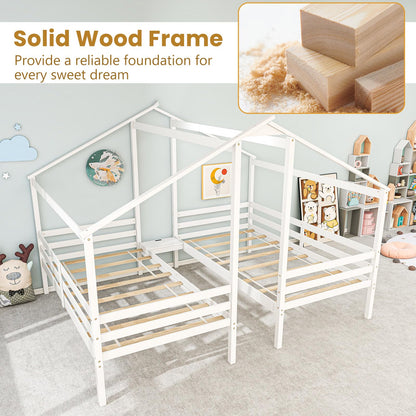 Goflame Double Twin Bed Frames for Kids, Wood House Shaped Platform with Built-in Nightstand & USB Port