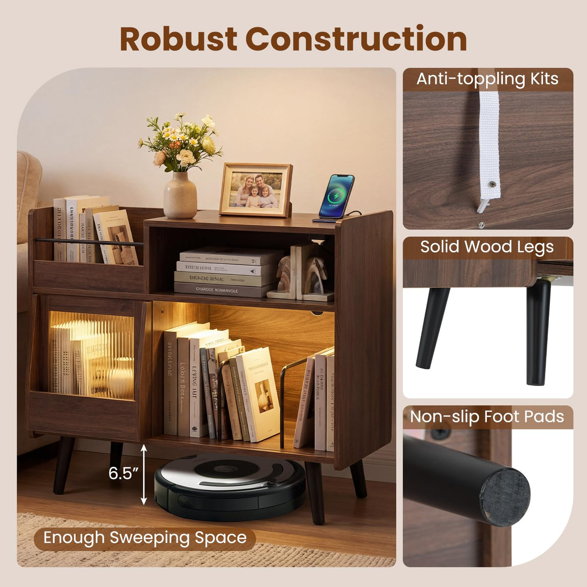 Goflame Record Player Stand with LED Light and Power Outlets Large Turntable Stand with Sliding Door