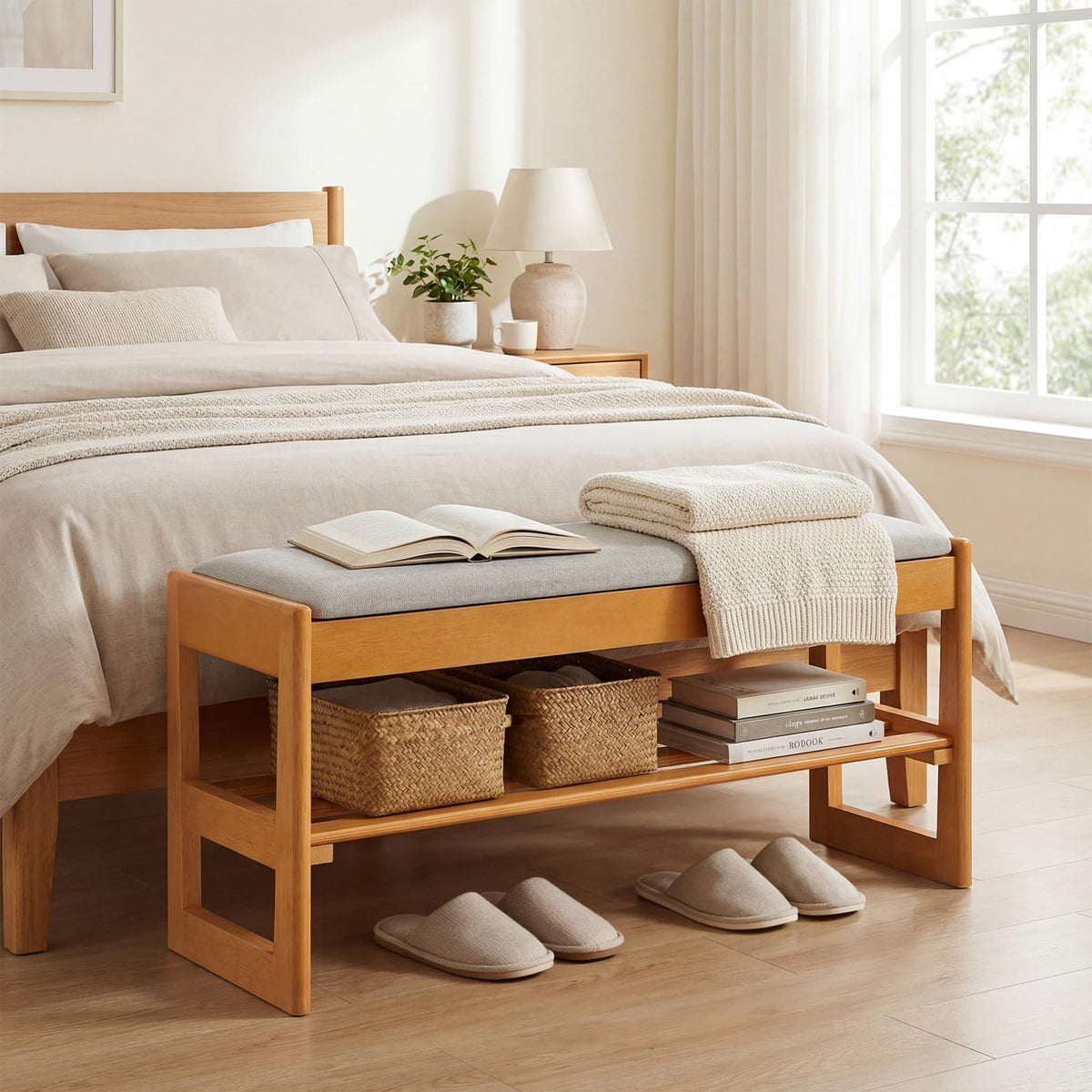 Goflame Rubberwood Shoe Rack Bench with Linen Seat Cushion