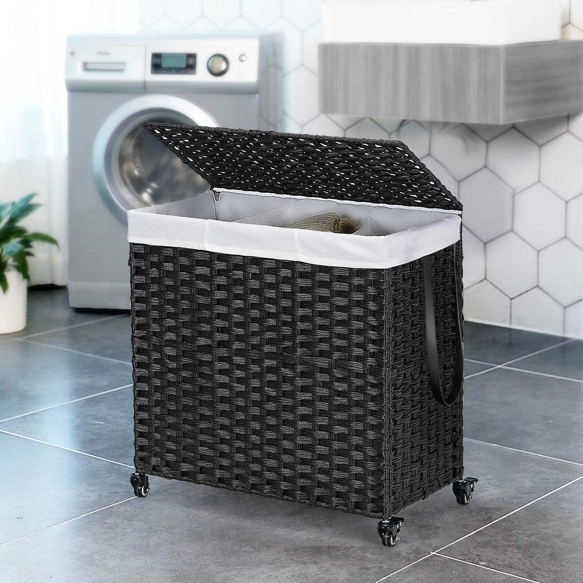 Goflame Laundry Hamper w/Wheels, 3 Section Hamper 125L w/2 Removable Liner Bags