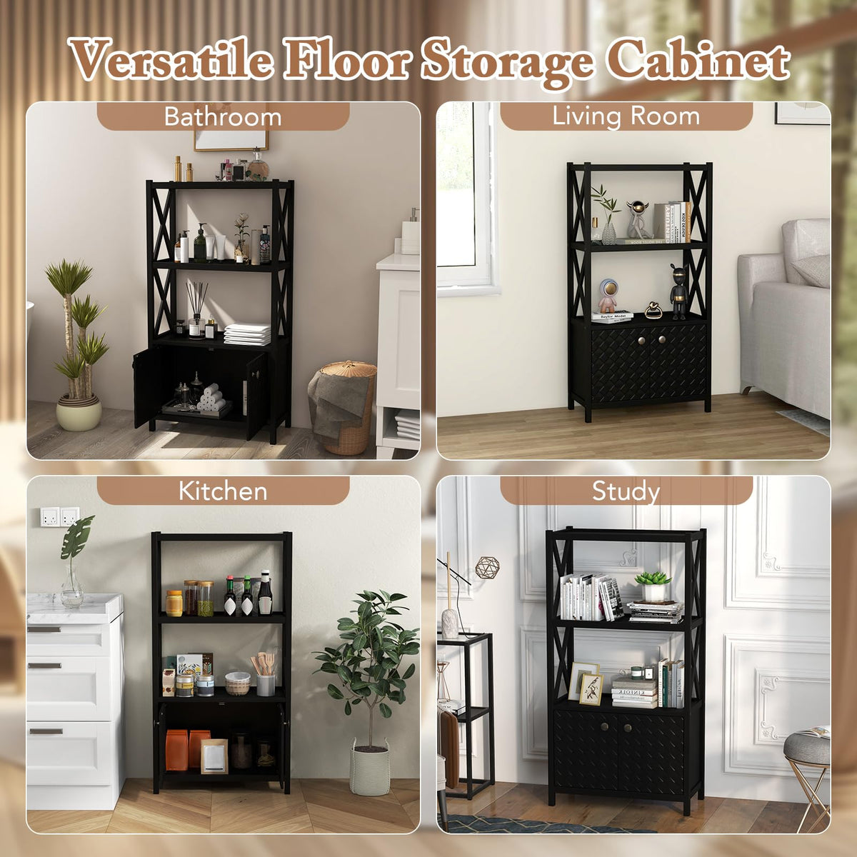 Goflame Storage Cabinet, Freestanding Storage Organizer with Open Shelves, Double Doors