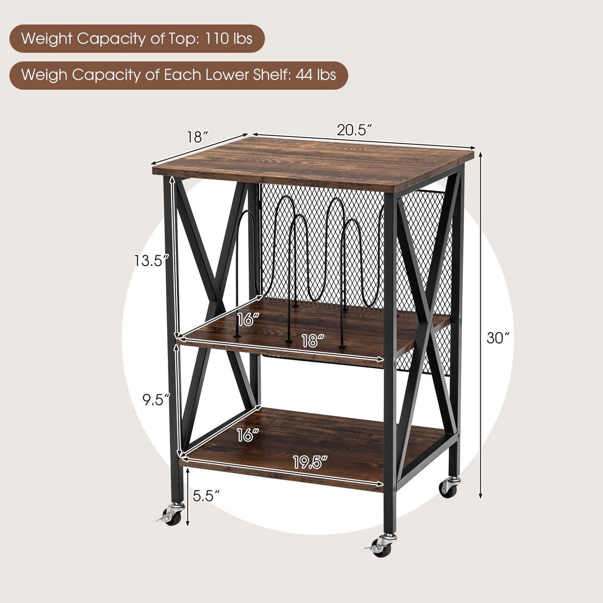 Goflame Record Player Stand, Vinyl Record Storage Table w/ 3 M-shaped Dividers & 4 Rolling Wheels, Rustic Brown