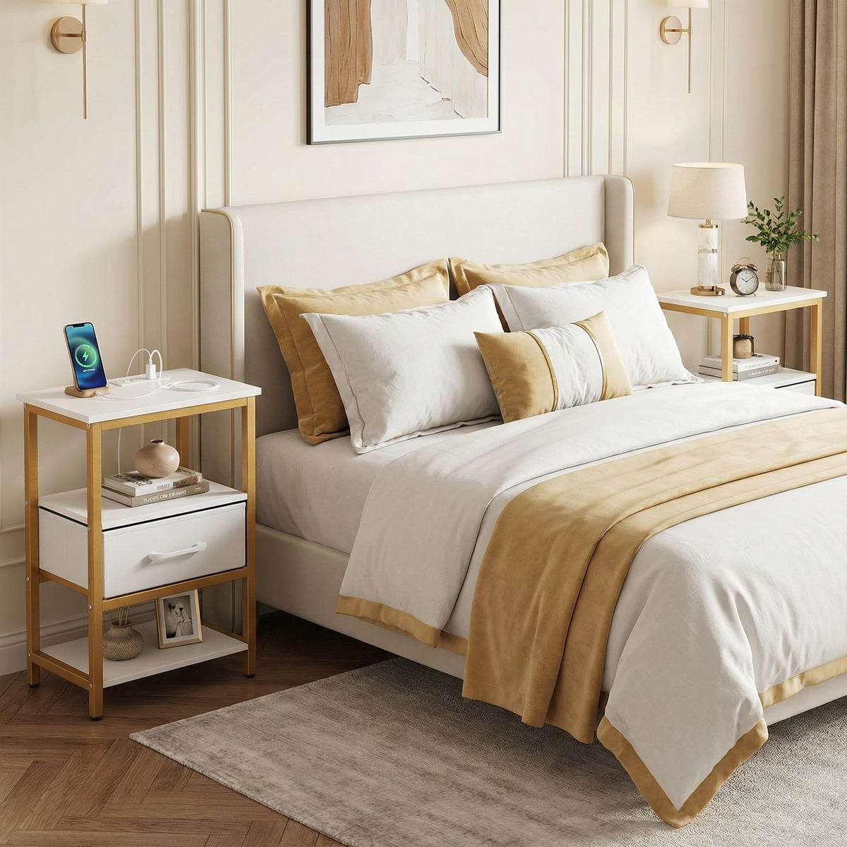 Goflame Nightstand with Charging Station and Adjustable Fabric Drawer for Bedroom and Living Room