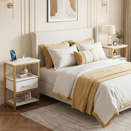 Goflame Nightstand with Charging Station and Adjustable Fabric Drawer for Bedroom and Living Room