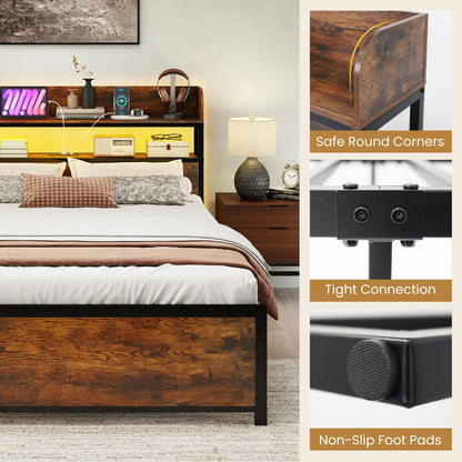 Goflame Metal Platform Bed Frame with Storage Headboard