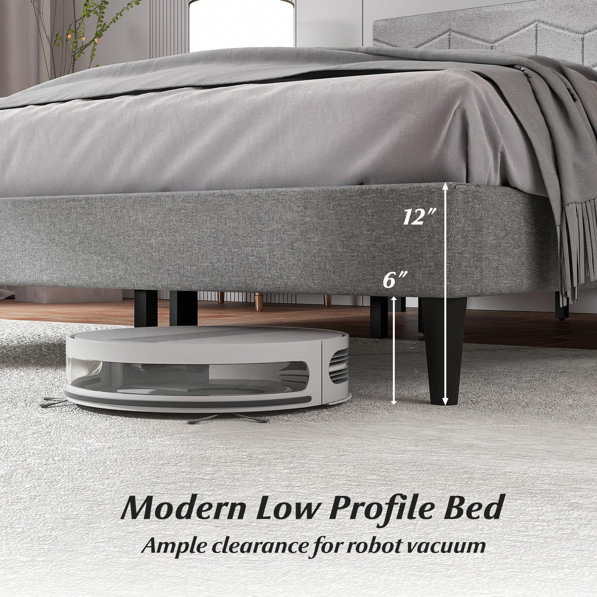 Goflame Queen/Full/Twin Size Upholstered Bed Frame Modern Platform Bed with Linen Fabric Geometric Headboard