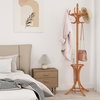 Goflame Solid Wood Coat Rack, Freestanding Hall Tree w/12 Hooks, Umbrella Holder, Entryway Hanger Stand for Coat