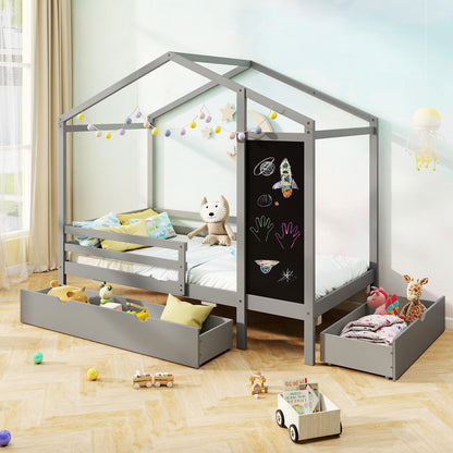 Goflame Twin Bed with 2 Storage Drawers, Solid Wood House Bed with Blackboard & Safety Guardrails