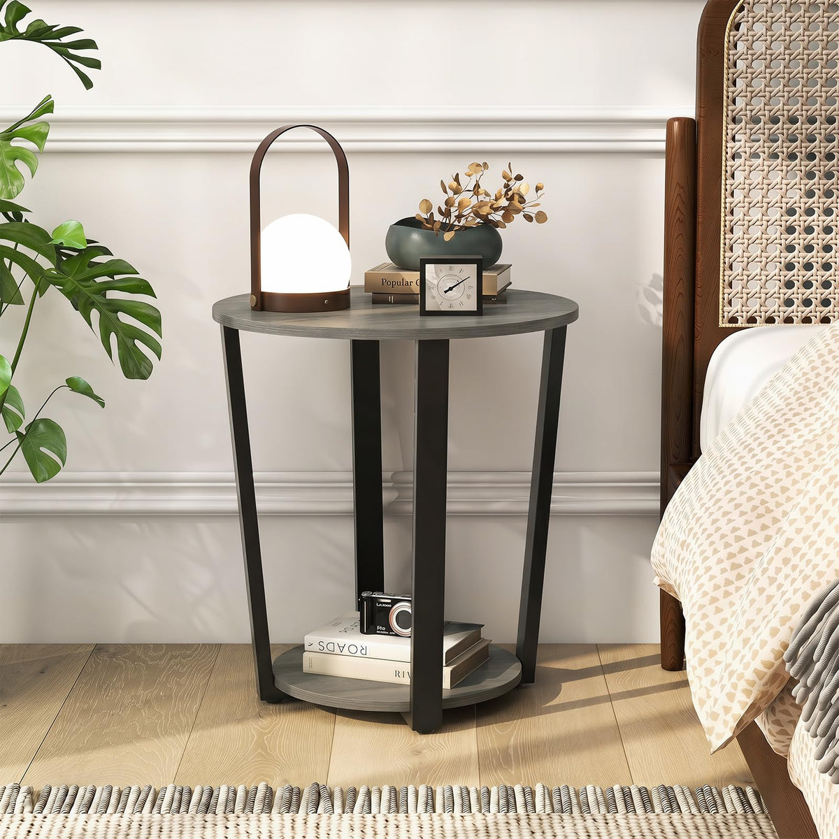 Goflame Round End Table with Open Storage Shelf and Metal Frame