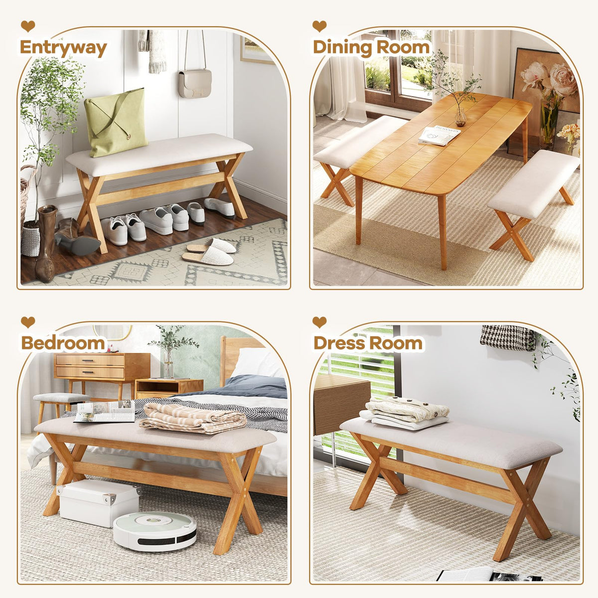 Goflame Upholstered Long Entryway Bench, Rubber Wood Dining Bench with Padded Seat, 43.5x15.5x17.5 Inches, 400 Lbs Capacity