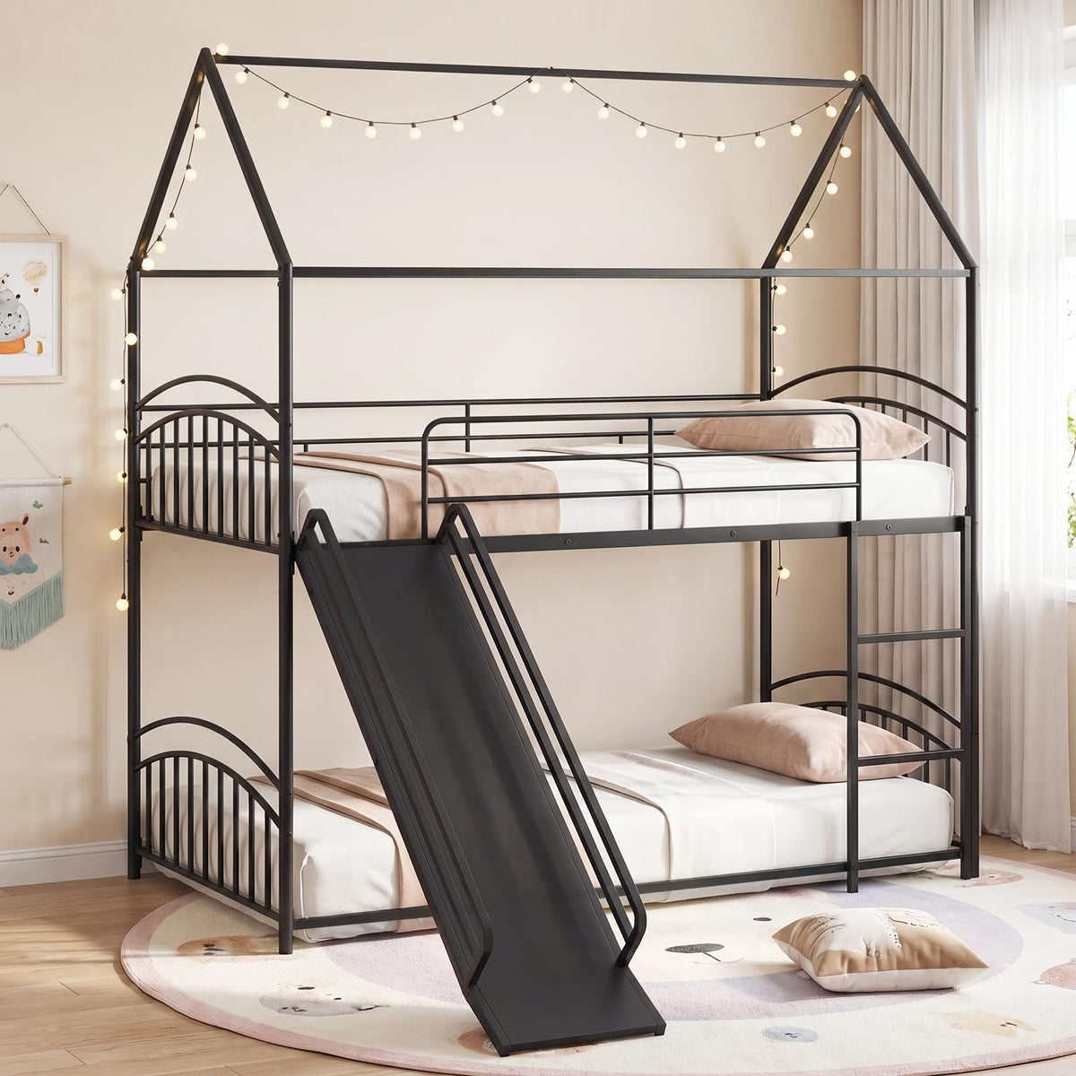 Goflame Twin Over Twin Bunk Bed with Slide & Ladder for Boys Girls