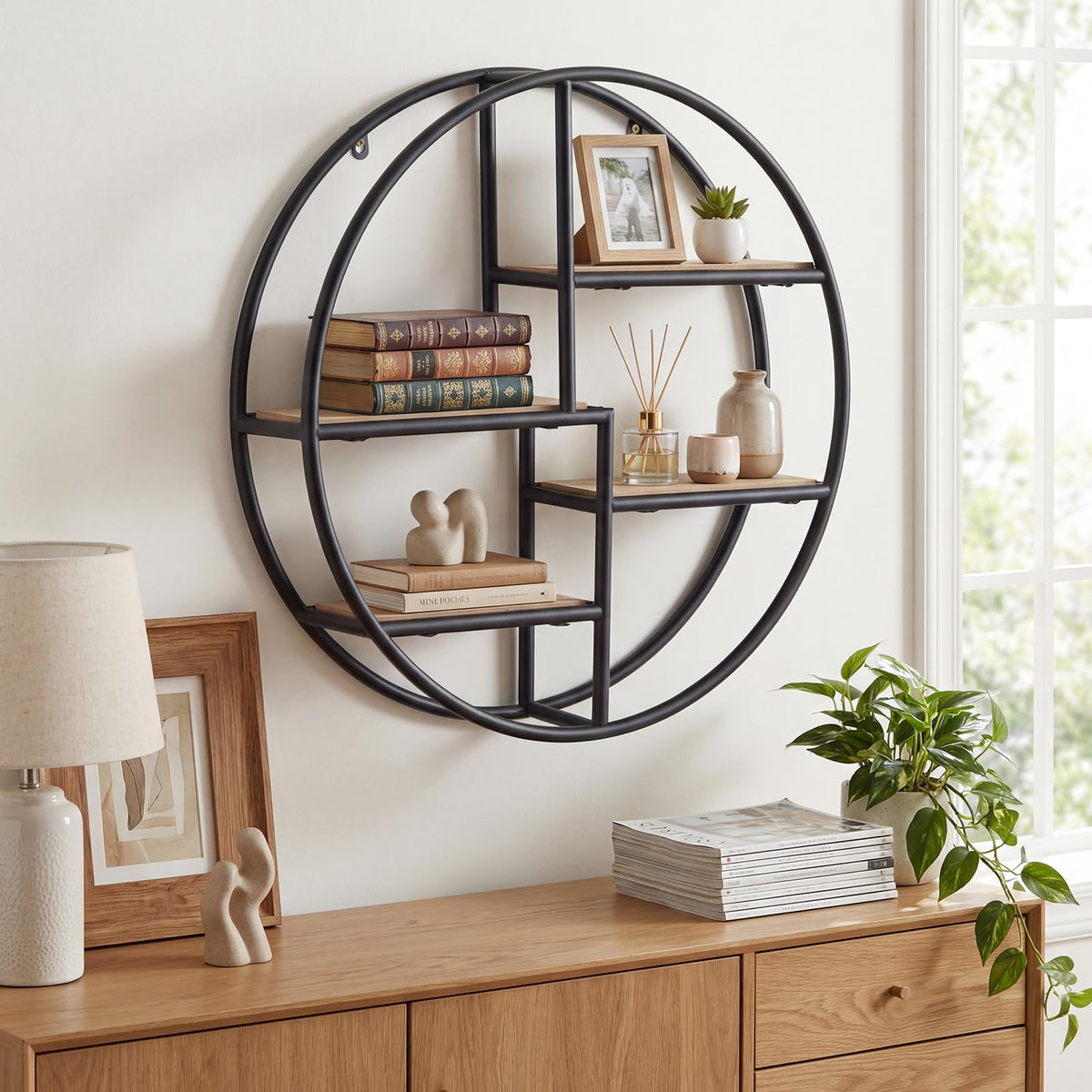 Goflame Industrial Style Round Wall Shelves for Living Room