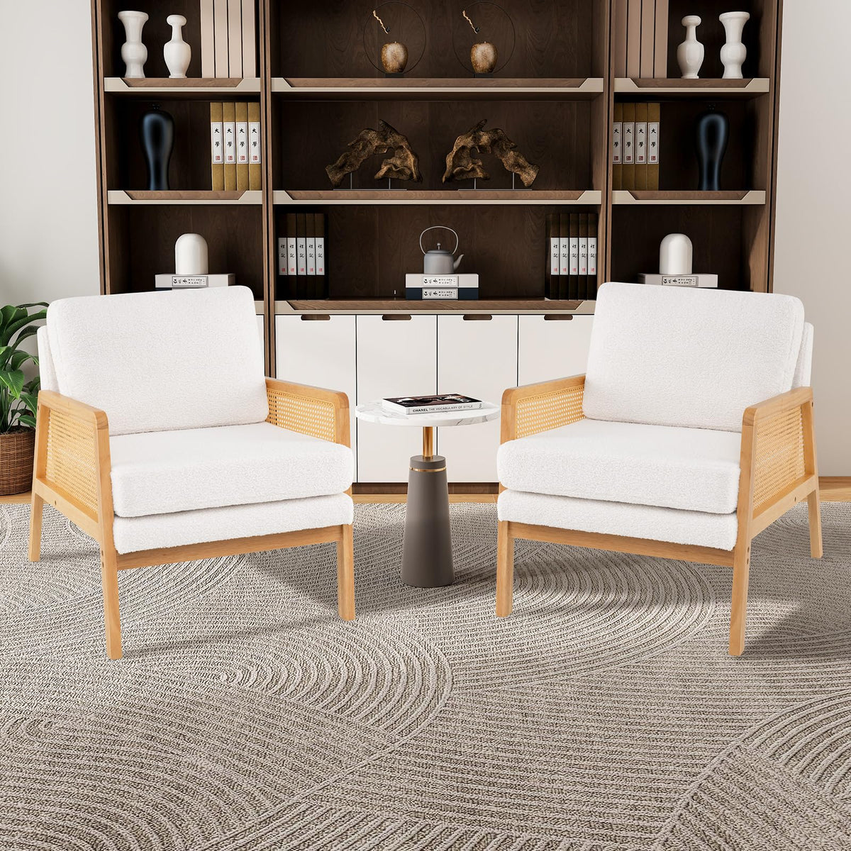 Goflame Mid Century Modern Accent Chair, Boho Boucle Living Room Arm Chair w/Rattan Arms