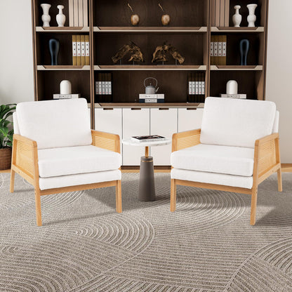 Goflame Mid Century Modern Accent Chair, Boho Boucle Living Room Arm Chair w/Rattan Arms