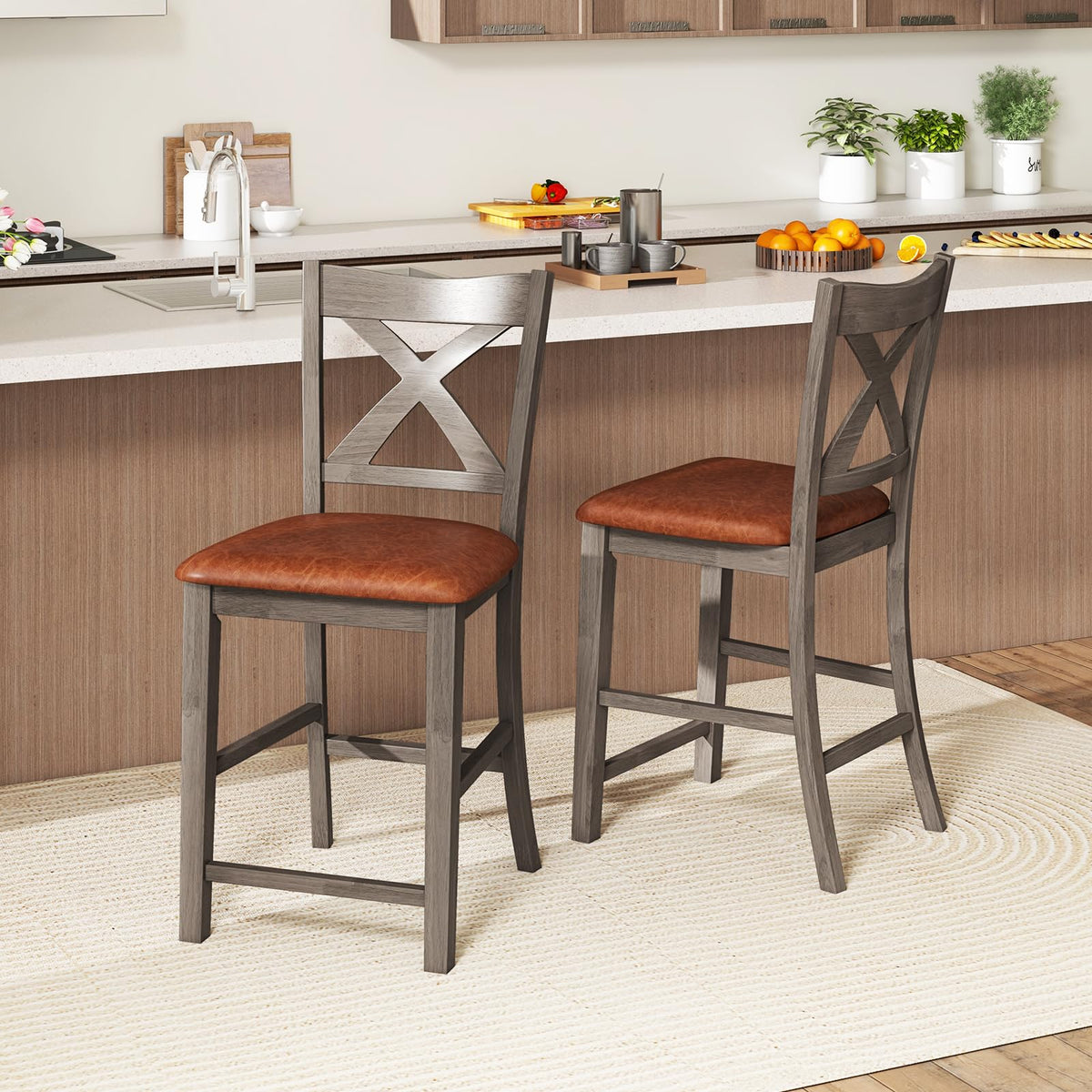Goflame 24" Bar Stools Set of 2/4, Counter Height Bar Stools with Cross Back & Faux Leather Upholstered Seat