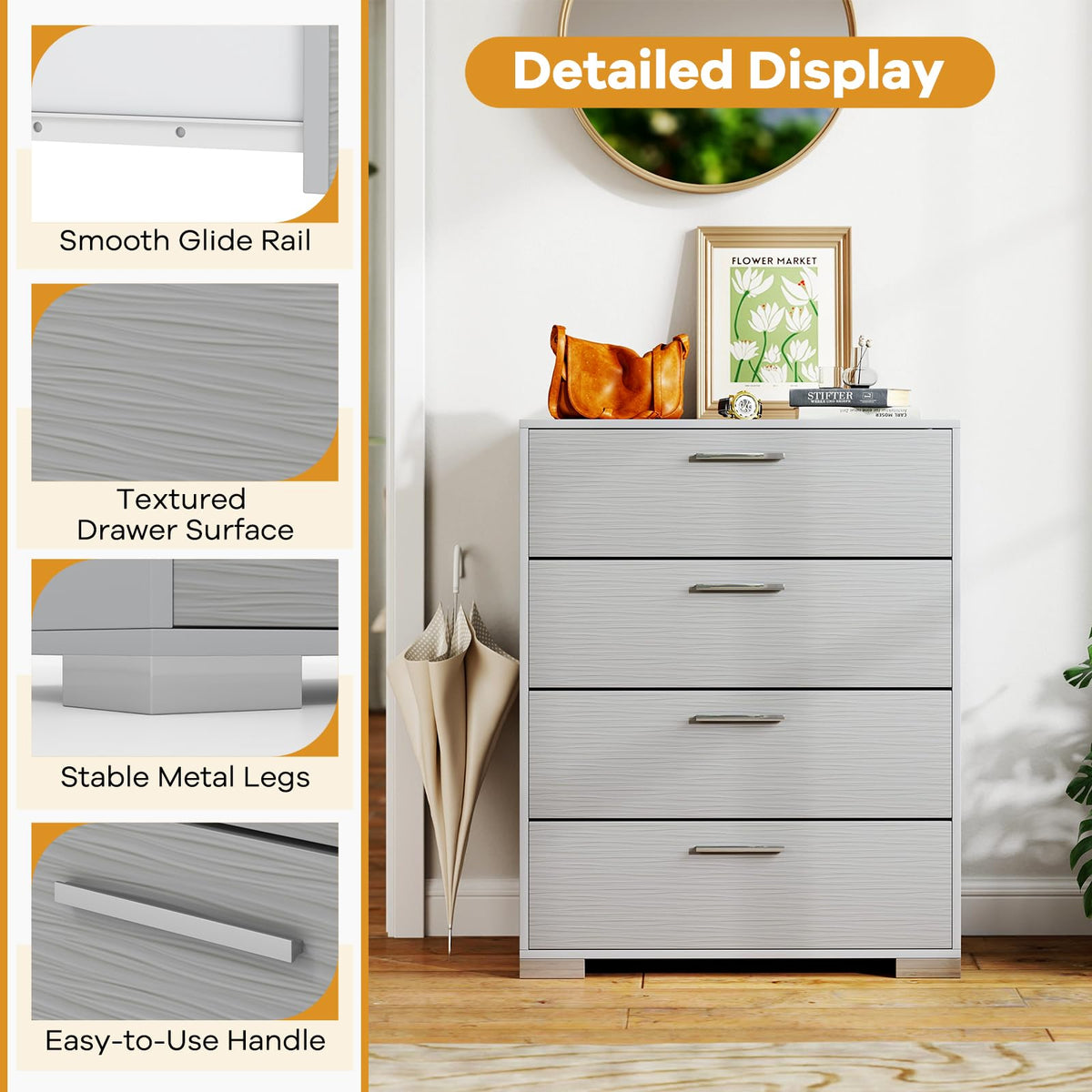 Goflame Storage Cabinet with 4 Drawers, Metal Legs & Handles, Anti-Toppling Devices, Tall Cabinet