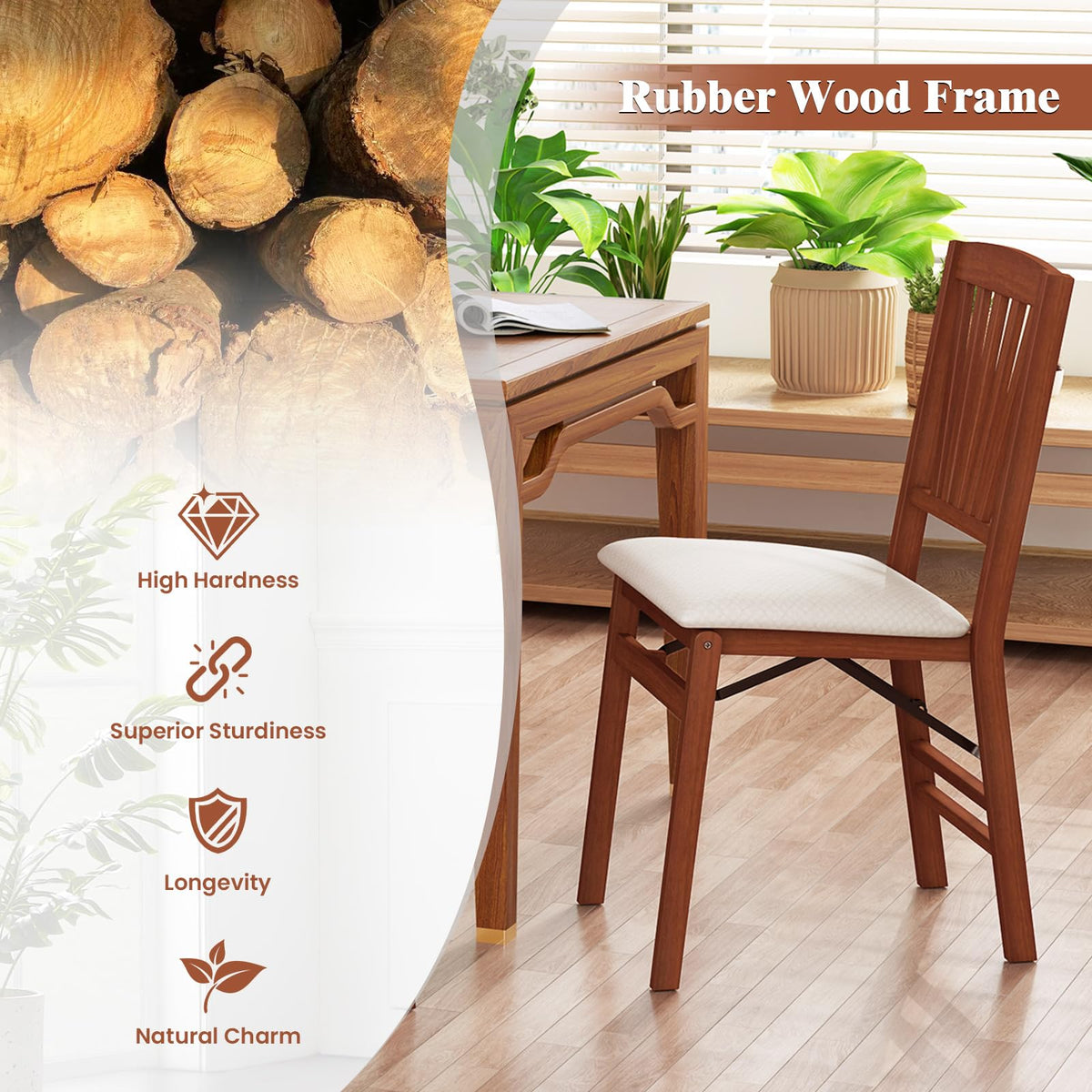 Goflame Folding Dining Chairs Set of 2/4, Modern Kitchen Chairs w/Padded Seat & Slatted Backrest, Rubber Wood Frame