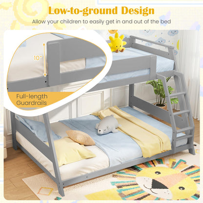 Goflame Wood Bunk Beds Twin Over Full Size, Solid Wood Floor Low Bunk Bed w/Removable Ladder