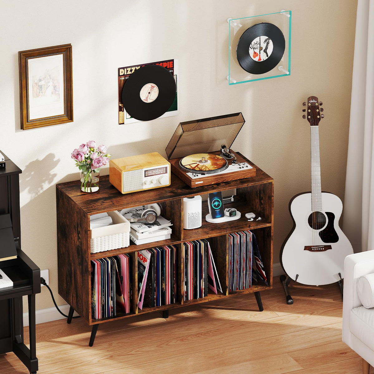 Goflame Large Record Player Stand with Charging Station