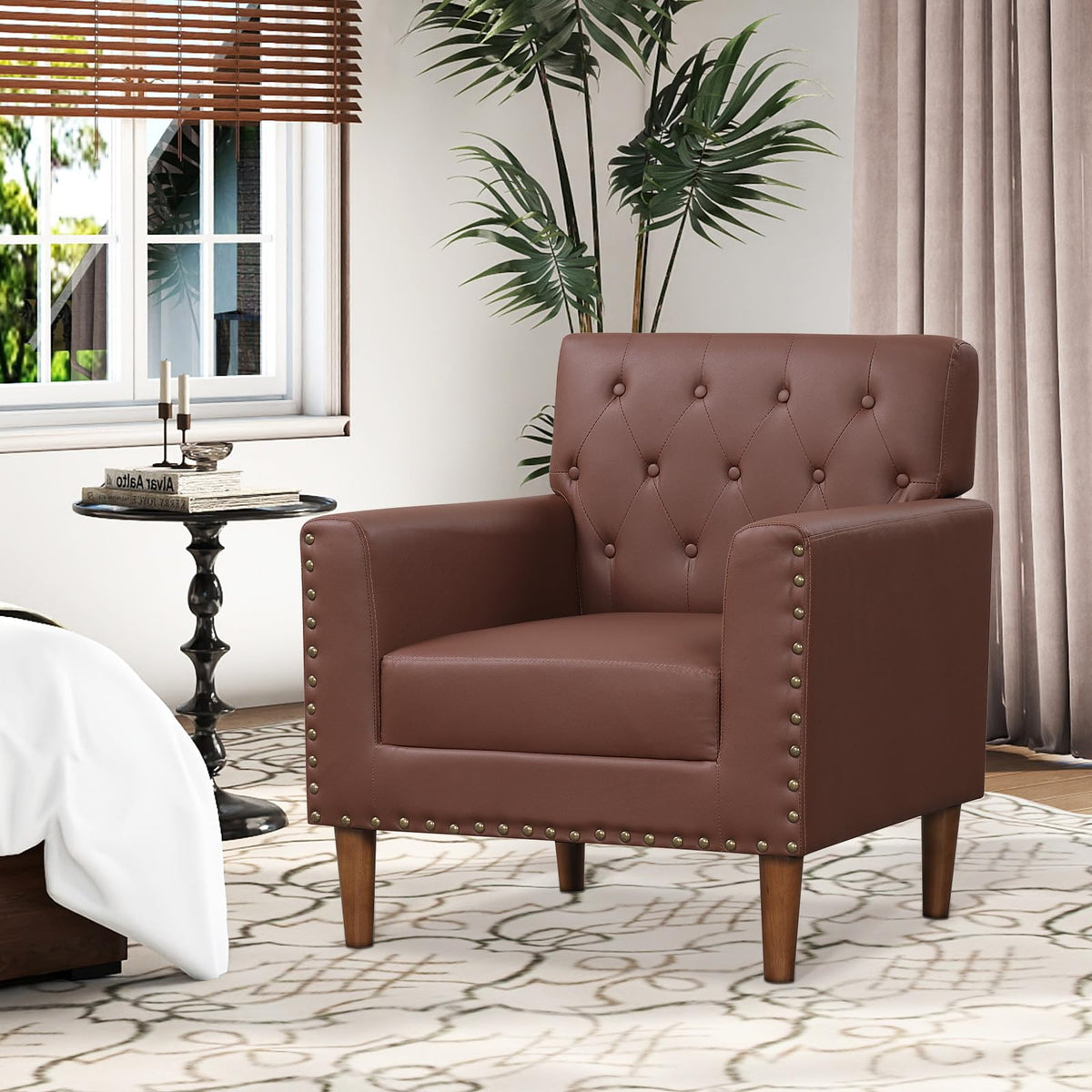 Goflame Mid Century Modern Accent Chair with Button Tufted Decoration and Rivets