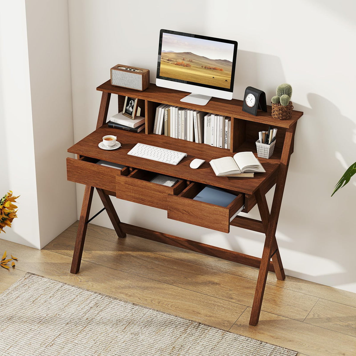 Goflame Mid Century Modern Desk with 3 Drawers