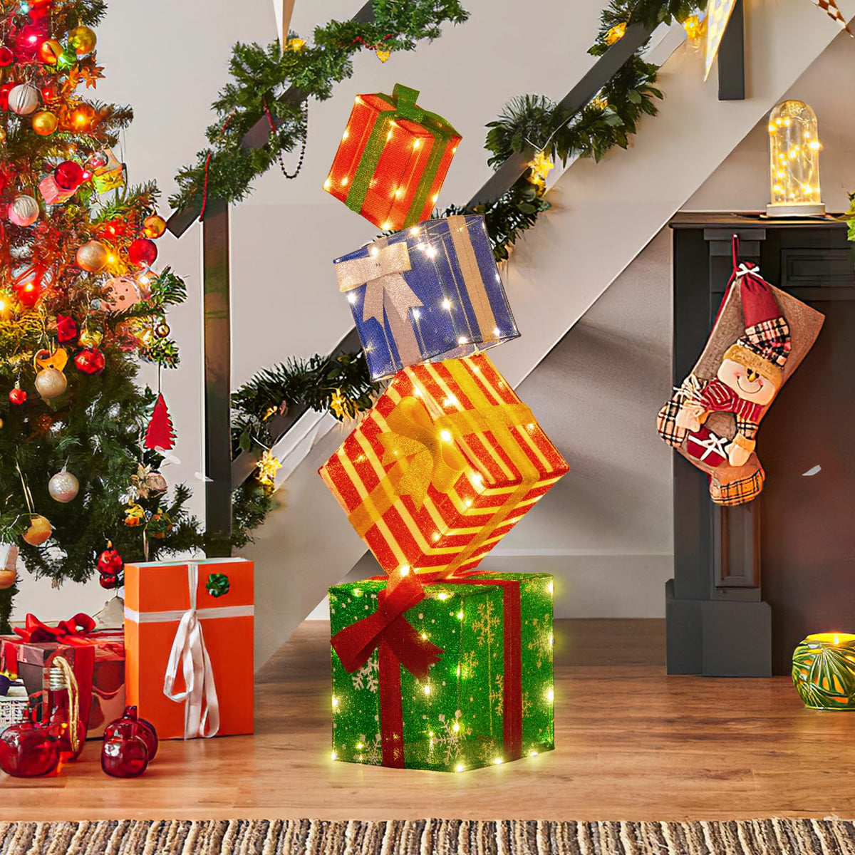 Goflame Lighted Gift Boxes, Set of 4 Stackable Pre-lit Box Decorations with Warm White LED Lights & Pre-Assembled Ribbons