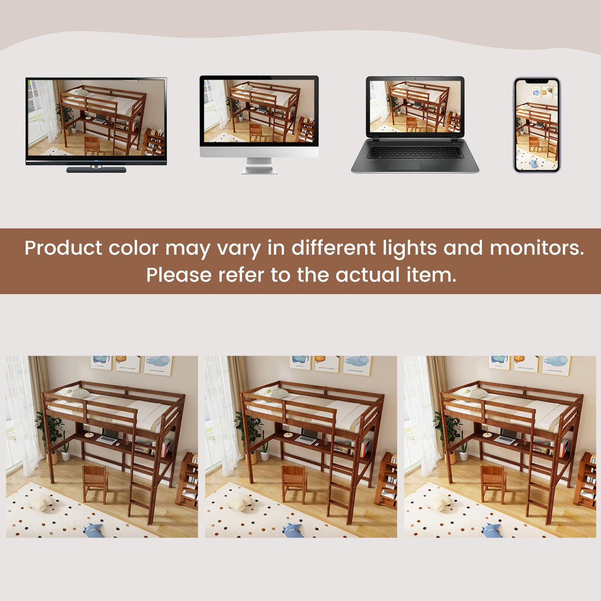 Goflame Twin Loft Bed with Desk and Bookshelf, Wooden Bed Frame with Safety Guardrail & Ladder