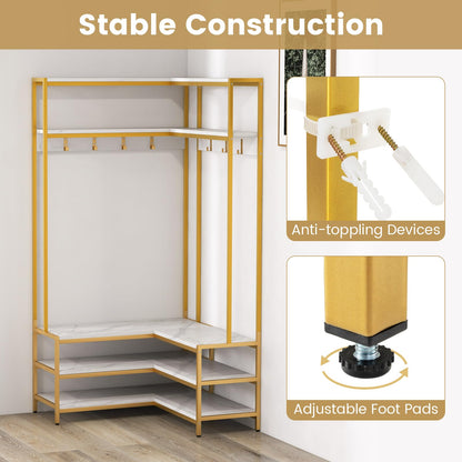 Goflame Corner Coat Rack with Shoe Bench, L-shaped Garment Rack with 5 Shelves & 7 Hooks