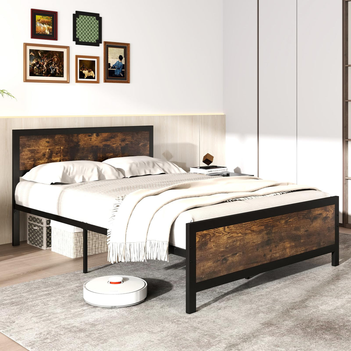 Goflame Metal Full Size Platform Bed Frame with Wood Headboard and Footboard