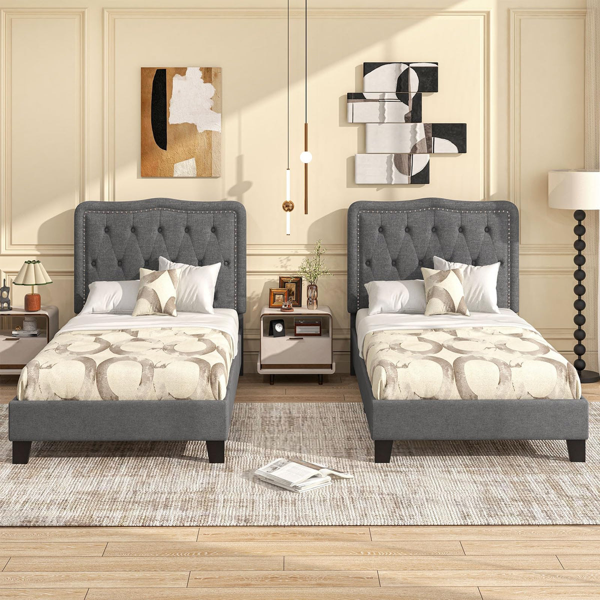 Goflame Twin Size Bed Frame, Modern Linen Upholstered Platform Bed w/ 46" Tall Button Tufted Headboard
