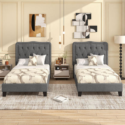 Goflame Twin Size Bed Frame, Modern Linen Upholstered Platform Bed w/ 46" Tall Button Tufted Headboard